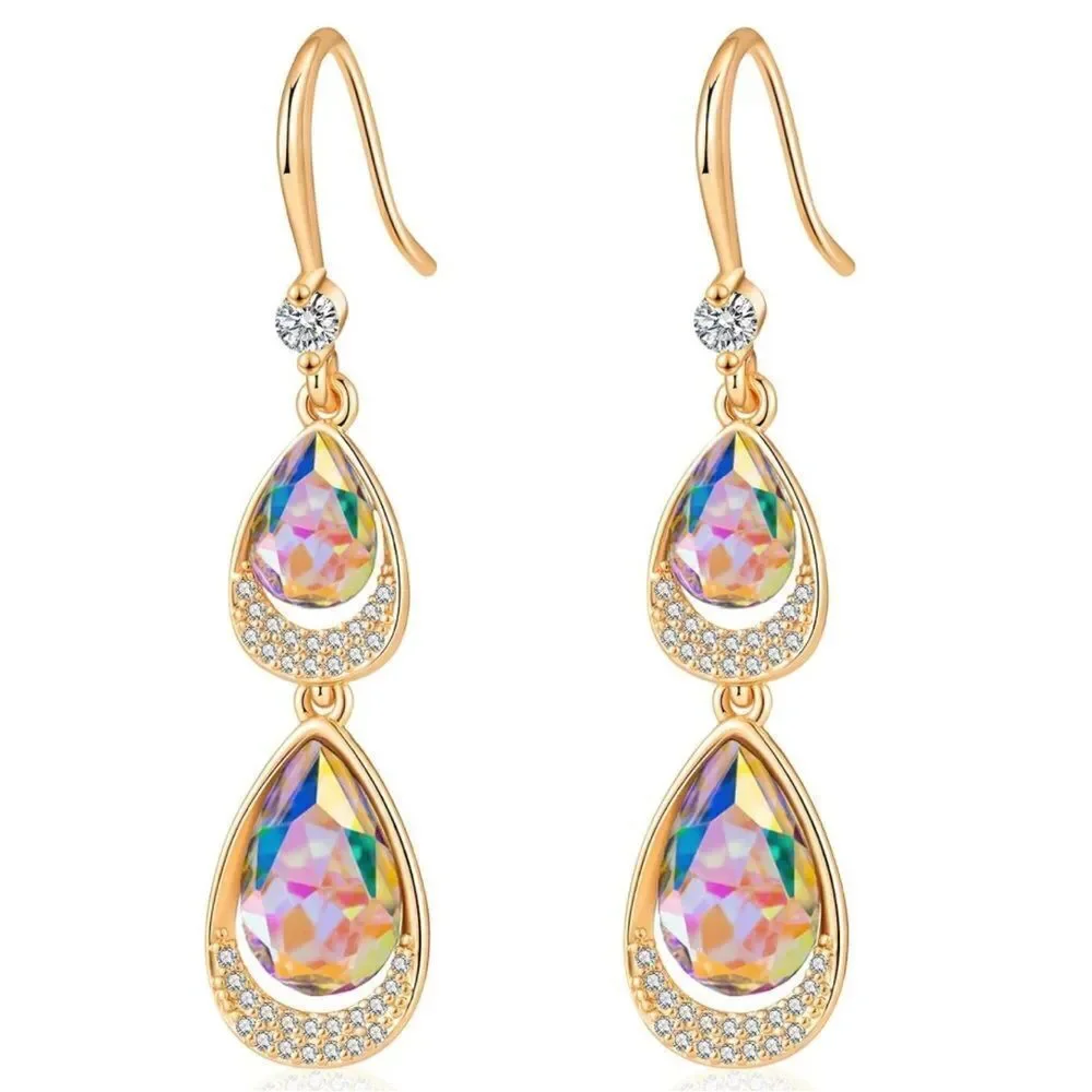 14K Yellow Gold with Iridescent AB Austrian Crystal Double Teardrop Earrings